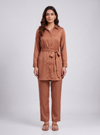 Tan Long-Sleeve Belted Shirt Set